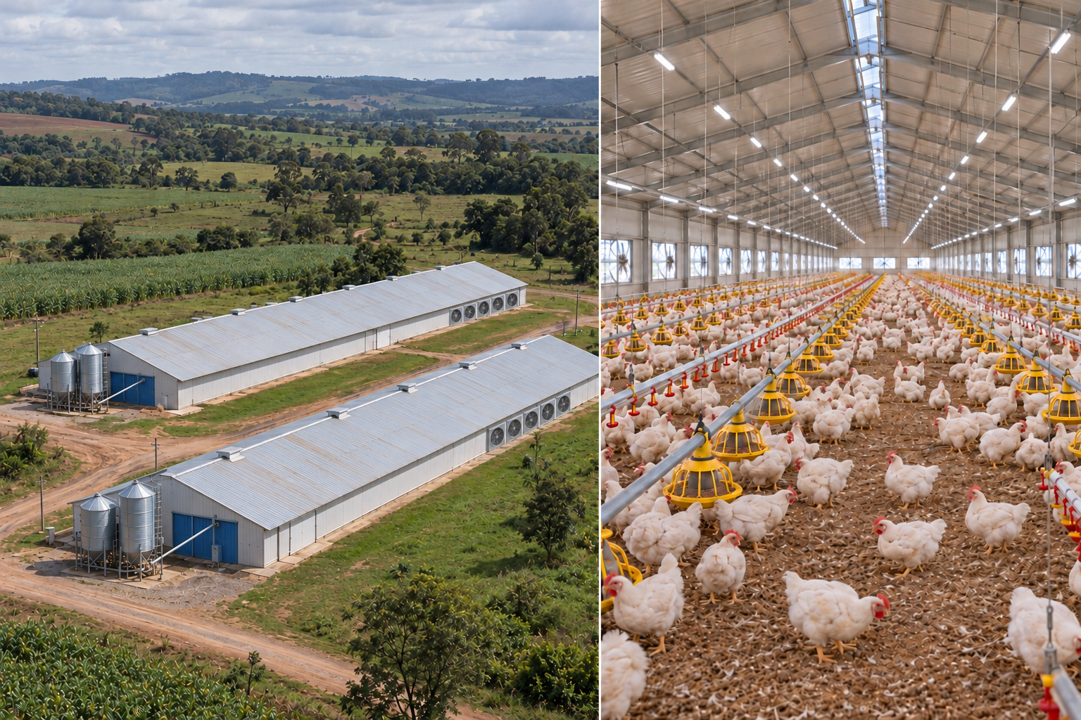 Vista externa de dois aviários em área rural e vista interna com frangos e equipamentos de alimentação