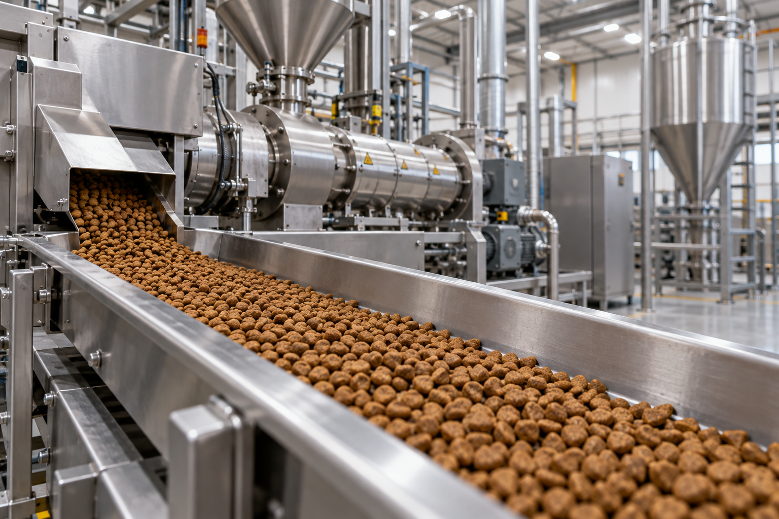 Imagem ilustrativa de produção industrial de Pet Food com extrusora e esteira de ração